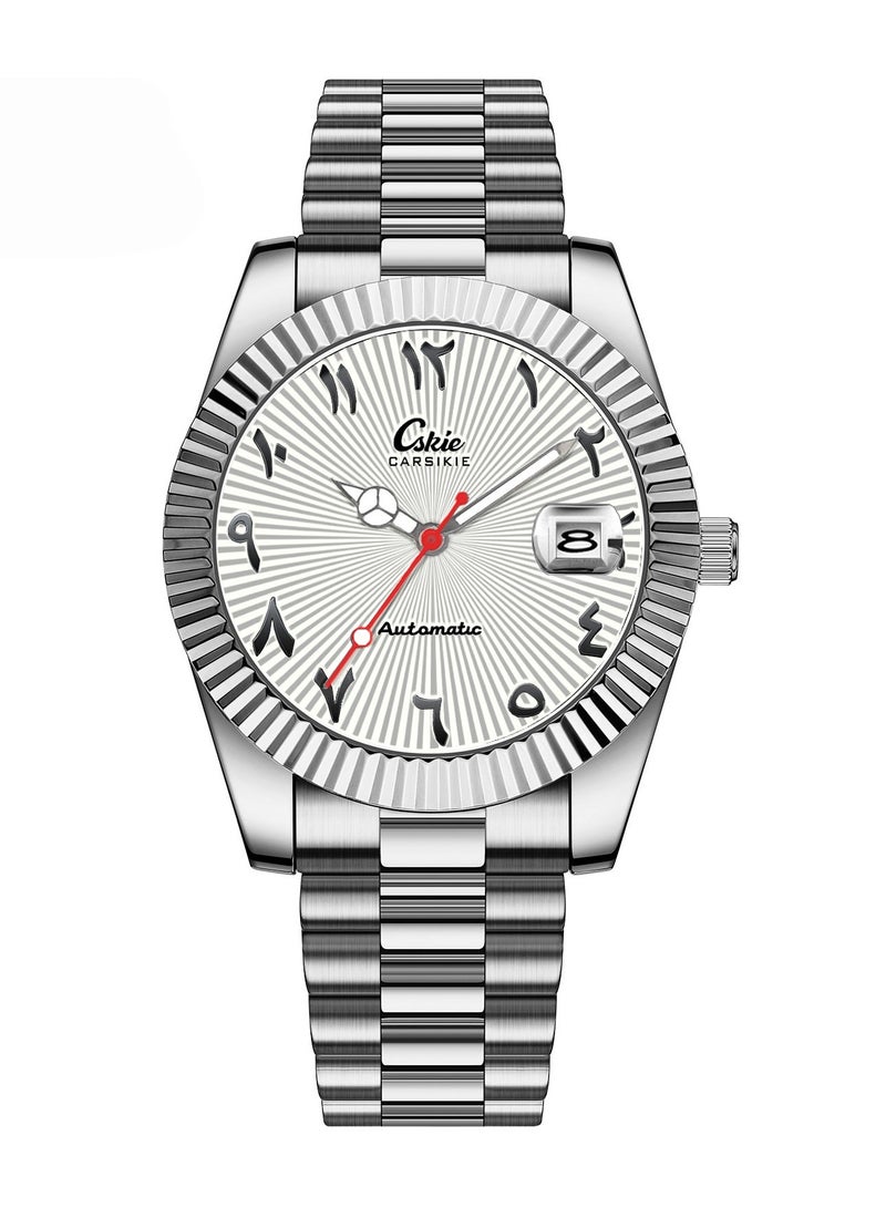 كارسيكي ساعة عربية رجالية فضية، تصميم ديت جست، ميناء بنقش شعاعي، إطار مخدد، عقارب مضيئة، مقاومة للماء 5ATM، سوار ستانلس ستيل، زجاج معدني، هدية لهواة الساعات العربية - Image 1